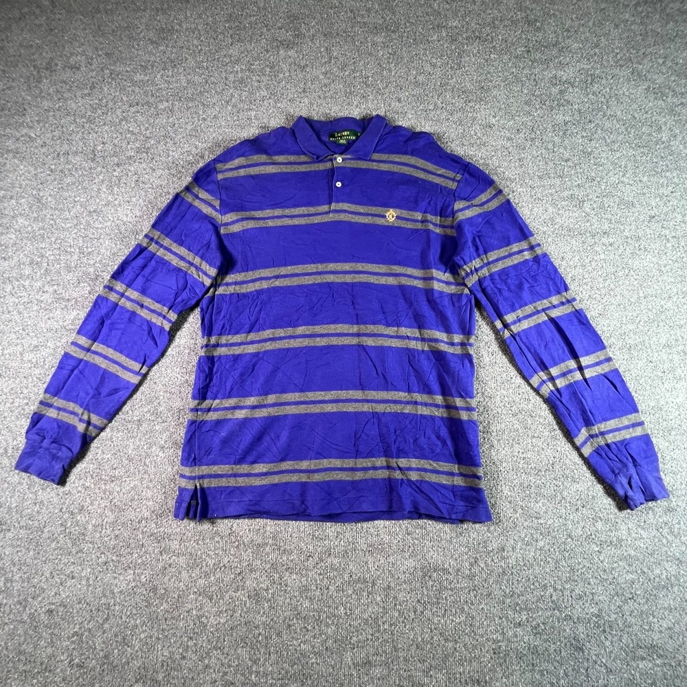 Lauren Ralph Lauren Polo Shirt Mens Large Blue Gray Striped Cotton Golf LS